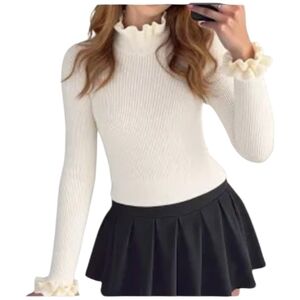 🦄600 West Chic White Ruffled Long Sleeve Sweater Top Size Large